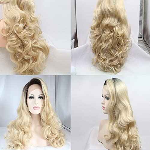 xiweiya Long Ombre Blonde Lace Front Wig with Dark Roots 2 Tones Mixed Blonde Body Wave 13x3 Lace Front Wigs Side Part Heat Resistant Fiber Wig Hair Replacement for women 24inch