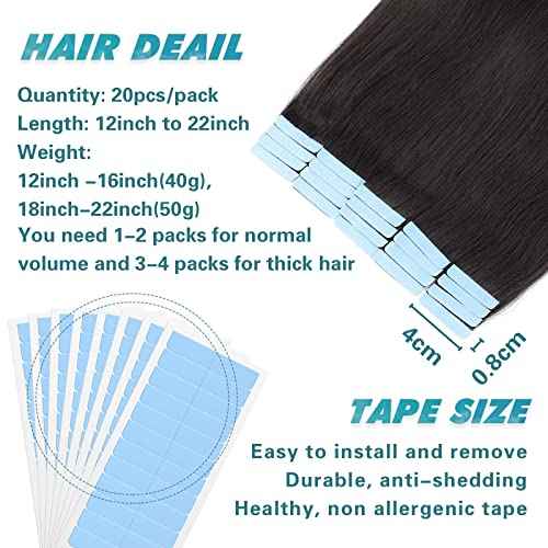 Tape In Hair Extensions Human Hair 20pcs Natural Black Tape In Extensions 50g 100% Remy Virgin Human Hair Tape-In Hair Extensions Double Weft Tapes Straight Soft Hair No Tangles 22inch