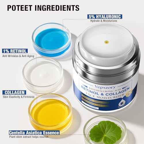 Face Moisturizer Retinol Cream For Face, Collagen Anti Aging Face Cream, Day-Night Neck Cream With Hyaluronic Acid, Wrinkle Cream For Women & Men Reduces Wrinkles, Dryness, 1.85 Fl. Oz