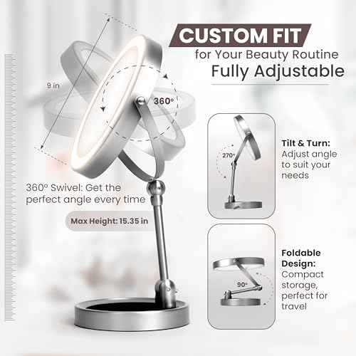 Smart 9" LED Light Makeup Mirror, Rechargeable, 1X/10X Magnifying Vanity Mirror with 3 Color Lights, Height Adjustable, Large Tall 360¡Æ Swivel Double Sided Standing Travel Mirror (Nickel)