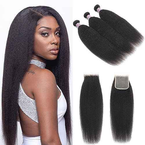 Kinky Straight Human Hair Bundles With 4x4 Lace Closure Free Part 16 16 16+14 Inch Natural Black 100% Unprocessed Brazilian Virgin Yaki Straight Hair Extensions (16 16 16+14Closure)