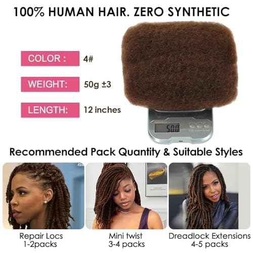 Afro Kinkys Bulk Human Hair for Dreadlocks Extensions and Locs Repair 1 Pack 50 Gram Afro Kinky Curly Human Hair Bulk for Twist (4#, 18 Inch)