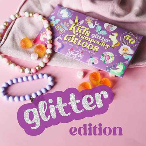 Glitter Unicorn Temporary Tattoos for Girls ? 50 Pre-Cut Sheets + Water Sponge | Easy to Apply & Remove | Non-Toxic, Waterproof, Skin-Safe | Party Favors, Birthday Gifts