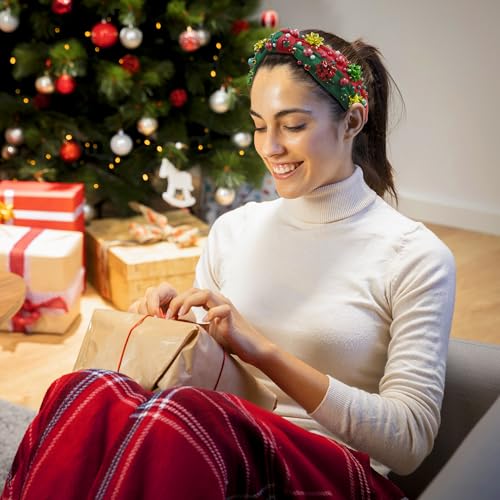 pVq Christmas Headband for Women Knotted Headband with Christmas Tree Crystal Pearl Snowflake Ribbon Xmas Holiday Hairband (Pearl Flower - Red Green, One Size)