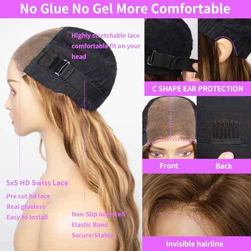 #4/27 Ombre Highlight Lace Front Wigs Human Hair Pre Cut 5X5 Glueless Honey Blonde Body Wave Wigs for Women Pre Plucked with Baby Hair Lace Closure wig 200% Density£¨22inch£©