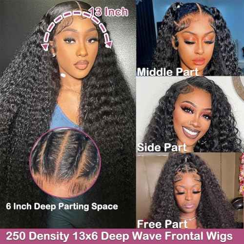 250% Density Curly HD Transparent Lace Front Wigs Human Hair Deep Wave 13x6 Lace Front Wigs Human Hair 20 Inch Bleached Knots Pre Plucked with Baby Hair for Women 100% Remy Hair Natural Color
