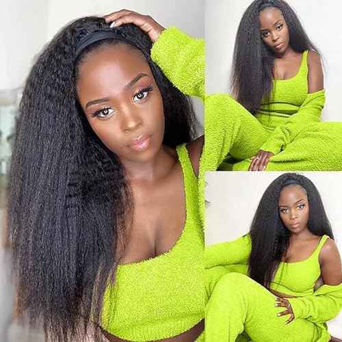 Headband Wigs Human Hair 180% Density 12A Kinky Straight Human Hair Headband Wigs For Black Women Yaki Straight Human Hair Wigs With Headband Attached Natural Black Color 22 Inch
