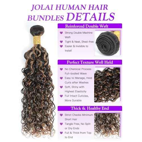 Water Wave Curly 1b/30 Human Hair Bundles 20 Inch - Brown Highlight and Black Balayage Bundles Wet and Wavy Sew In Weave, 12A Glossy 100% Unprocessed Brazilian Raw Virgin Hair, P1b/30 Color, Single