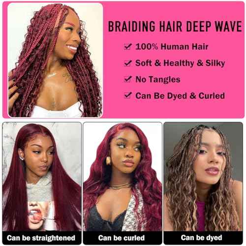 Deep Curly Human Braiding Hair for Boho Braids Burgundy Deep Water Wave Human Hair Braiding Hair No Weft Hair Bundles for Bohemian Knotless Braids 20 22 Inch Bulk Human Hair for Braiding 50g/Bundle