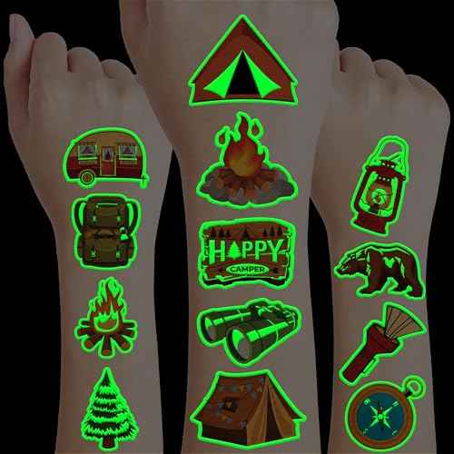 96 PCS Camp Camping Pre-Cut Luminous Glow in the dark Temporary Tattoos for Kids Themed Birthday Party Supplies Favors Decorations 8 Sheets Super Cute Fake Tattoo Stickers Gifts For Boys Girls Rewards
