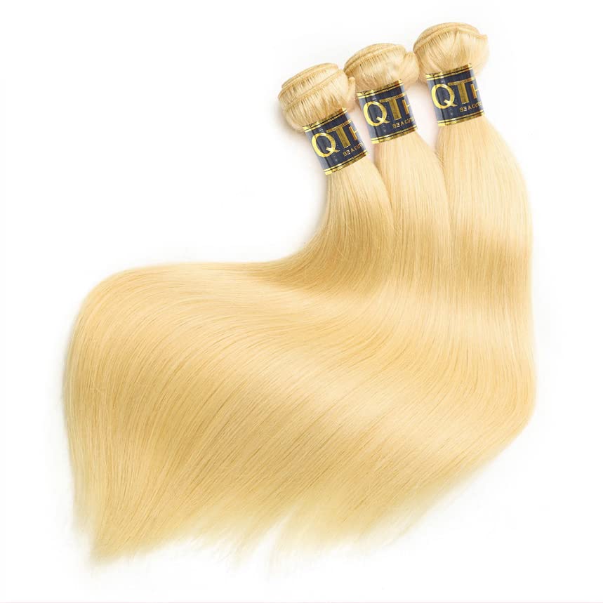 QTHAIR Straight Human Hair Blonde Bundles 18 20 22inch 14A Grade 100% Brazilian Human Hair Color #613 Platinum Blonde Straight 14 16 18 inch Brazilian Virgin Straight Human Hair 3 Bundles