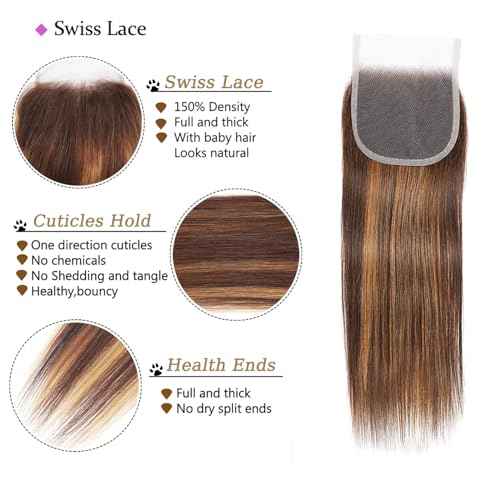 Highlight Ombre Bundles with Lace Closure Brazilian Straight Brown Blonde Highlight 3 Bundle with 4X4 Free Part Closure (14 16 18+14Inch) P4/27 Colored Remy Virgin Hair Weave