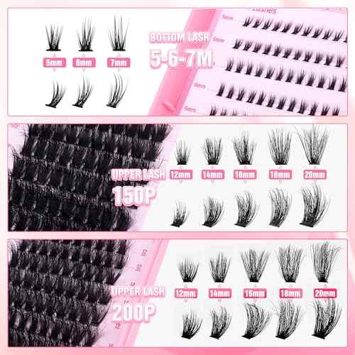 Fluffier Lash Clusters Kit with Bottom Lashes 320pcs Cluster Eyelash Extensions Kit Volume Individual Lashes Kit with Lash Bond and Seal Tweezers by ALPHONSE (150D+200D, 12-20mm)