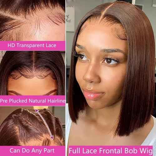 PANDA ANGEL Chocolate Brown Bob Wig Human Hair Wear and Go Glueless Wigs Human Hair Pre Plucked Pre Cut Bob Lace Front Wigs 13X4 Straight HD Brown Bob Lace Frontal Wig for Women 16 Inch