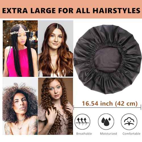 Adjustable Shower Caps for Women Reusable Waterproof Satin Lining Extra Large Shower Cap for Women and Men Long Hair Braids Curly Hair (Xl,Black)