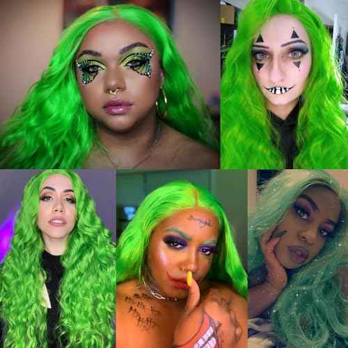 RONGDUOYI Green Long Wavy Synthetic Lace Front Wigs for Women with Side Part Pre Plucked Loose Wave Wig Heat Friendly Fiber Hair Halloween Costume Cosplay Wig 24Inch