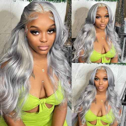 Munx 30 Inch Grey Lace Front Wig Human Hair HD Transparent Lace Frontal Wig for Women 180% Density Pre Plucked Glueless Silver Grey Body Wave Wigs with Baby Hair