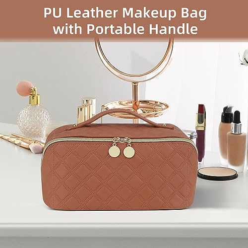 Ineowelly Makeup Bag, Large Capacity Travel Cosmetic Bag for Women, PU Leather Makeup Travel Bag Waterproof, Multifunctional Toiletry Bag with Portable Handle & Layered (Brown)