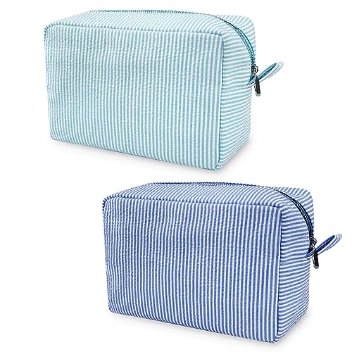 GFU Makeup Bag for Women, 2PCS Cute Cosmetic Bag, Lightweight Toiletry Make up Bag, Large Seersucker Aesthetic Organizer Storage Pouch for Girls, Women and Moms Gifts, Blue&Lightblue