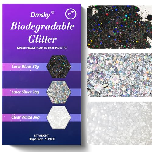Dmsky Chunky Glitter, 90g/3.18oz Eco Friendly Biodegradable Glitter for Face, Eyeshadow, Body, Hair, Nail, Resin, Craft, DIY Party Decorations, 3 Colors, Silver Holographic, White & Black