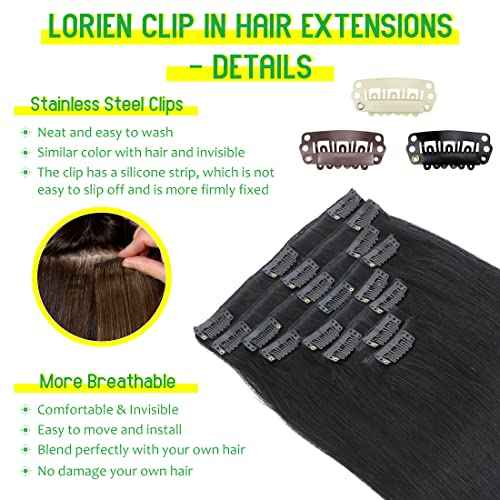 LORIEN Clip in Hair Extensions Real Human Hair, 24 Inch 120g, 1 Jet Black, Clip in 100% Brazilian Remy Human Hair Extensions 8pcs Per Set with 18 Clips Double Weft