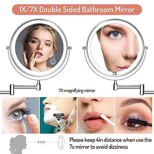 Rocollos Rechargeable Wall Mounted Lighted Makeup Mirror, 8 Inch Double-Sided LED Vanity Mirror 1X/7X Magnification,3 Color Lights Touch Screen Dimmable 360¡ÆSwivel 13 Inch Extendable