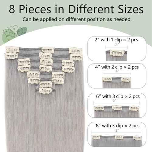 Clip in Hair Extensions Human Hair S-noilite Gray Human Hair Hair Clip in Extensions Full Head 8 Pieces/18 Clips 100% Real Human Hair Silky Straight 22"-110g Light Gray (#G1)
