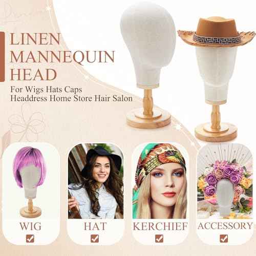 2 Pcs Wig Stand with Head 23 Inch Linen Mannequin Head with Wooden Stand Canvas Mannequin for Hats Wigs Caps Headdress Home Store Hair Salon(Beige)