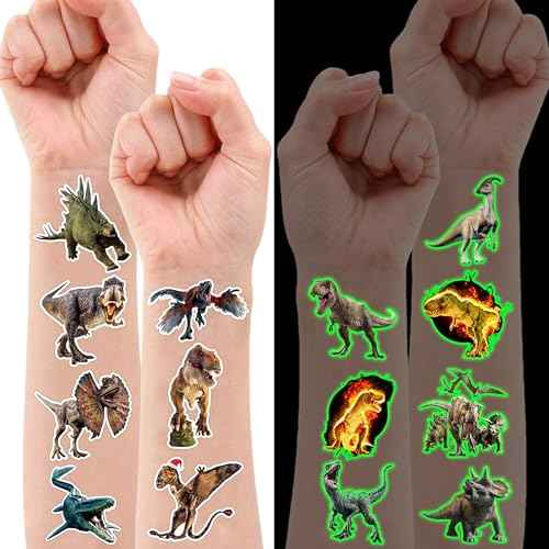 96PCS Dinosaur 3D Pre-Cut Temporary Tattoos - Stickers for Birthday Party Supplies, Decorations, and Favors - Super Cute Gifts for Kids, Boys & Girls, Classroom Prizes, and Themed (Glow in the Dark)