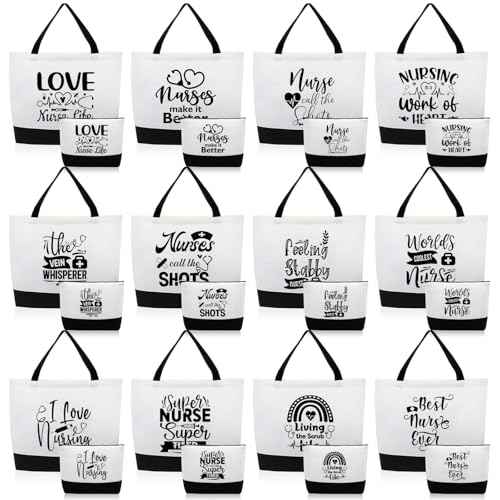 Paterr 24 Pcs Christmas Nurse Appreciation Gifts Bulk, Thank You Cna Canvas Tote Bags Makeup Cosmetic Bag with Handles