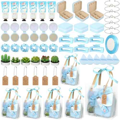 Baby Shower Prizes for Winners Gifts Headband Hair Brush Jewelry Box Plants Candles Bracelet Hand Cream Compact Powder Puff Hair Claw ribbon Gift Bag Beaded Necklace Bridal Shower(6 Sets-Blue)