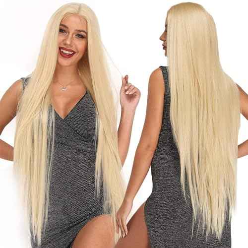 Ebingoo 40 inch Long Blonde Lace Front Wig + Wig Cap Platinum Blonde Lace Front Wig Long Blonde Straight Wig Synthetic Blonde Wig with Middle Part for Women Girls Daily Wear Party