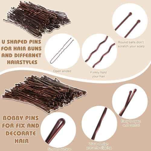200 Brown Bobby Pins, 4 Hair Nets for Buns, Hair Wax Stick, 3 Slick Back Hair Brush and 105 Hair Bands for Women Girls Dance Competition Must Haves