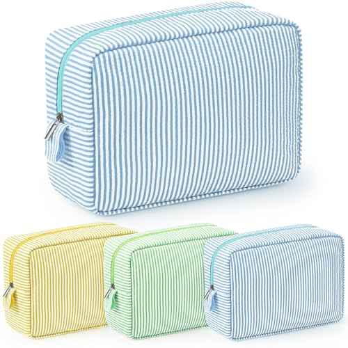 Sanwuta 3 Pcs Seersucker Cosmetic Bag Seersucker Makeup Bag Women Stripe Large Travel Toiletry Organizer Preppy Storage Pouch for Embroidery Christmas Bridesmaid Gifts(Yellow, Green, Lake Blue)