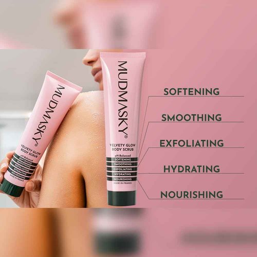 Mudmasky Velvety Glow Body Scrub 6.0 OZ. XXL-size - AS SEEN IN YOUR IPSY GLAM BAG - Exfoliating Bamboo Scrub. Made in France. No harsh chemicals. For Soft, Radiant Skin.