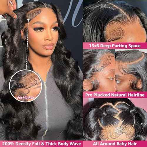 16 Inch Body Wave Lace Front Wigs Human Hair Pre Plucked 13x6 HD Transparent Lace Frontal Glueless Wigs 200 Density Body Wave Lace Frontal Human Hair Wigs for Women Natural Black Color