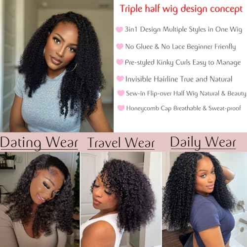 Kinky Curly Half Wig Human Hair 3 in 1 Glueless Wear And Go Human Hair Half Wigs For Women Seamless Flip Over Drawstring Headband Wig 180% Density Beginner Friendly 1B 20inch