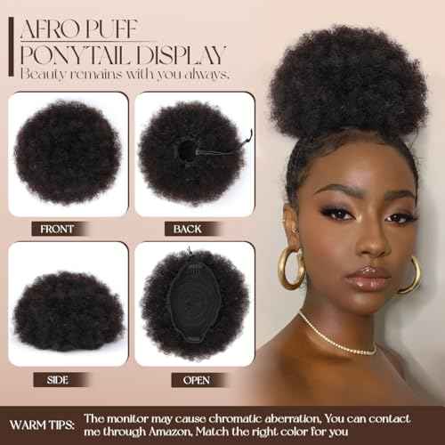 Afro Puff Drawstring Ponytail for Black Women #1B Natural Black Brazilian Virgin Human Hair 6 Inch Durable Natural Soft and Smooth Kinky Curly Short Ponytail for Natural Hair