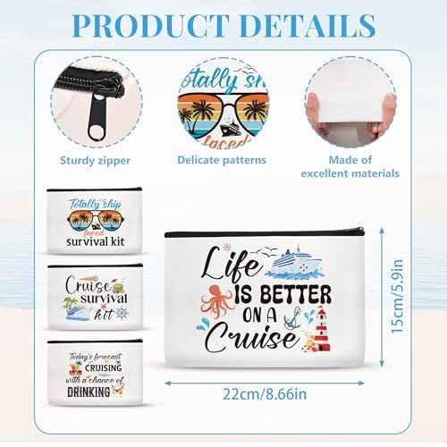 Cruise Makeup Bag Gifts - 4Pcs Cruise Ship Essentials Cruise Survival Kit Bags Cruise Cosmetic Bag for Women Girl Best Friend Travel Beach Accessories