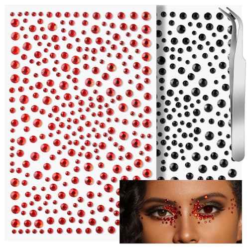 Teenitor Red and Black Face Gems Black Face Rhinestone Makeup Festival Face Jewels Red Stick On Gems, Self-Adhesive Rhinestone Set for Halloween Makeup