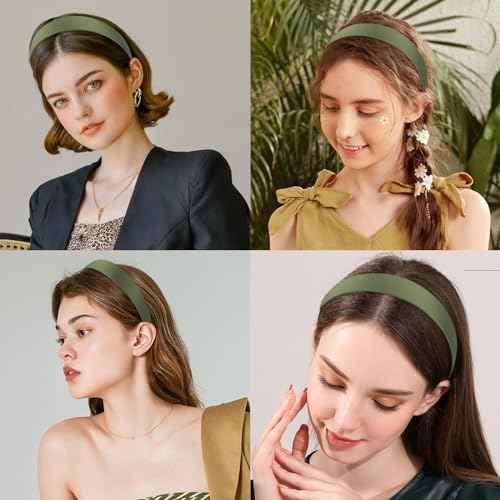 Wecoe Olive Green Headband 1.2 Inch Wide Silk Satin Headband Women Non Slip Fashion Plain Solid Hair Band DIY St Patrick's Day Christmas Hair Accessories for Women Girls Diademas Para Mujer Gifts