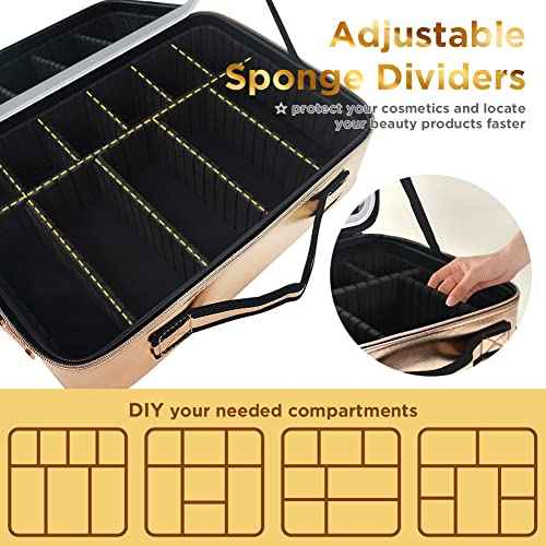 Travel Makeup Case with Removable Large Mirror and Lights 3 Color Adjustable Brightness Dividers with Shoulder Strap Rechargeable,Waterproof,for Travel or Business, Large