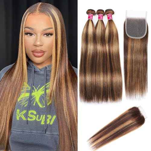 Highlight Ombre Bundles with Lace Closure Brazilian Straight Brown Blonde Highlight 3 Bundle with 4X4 Free Part Closure (14 16 18+14Inch) P4/27 Colored Remy Virgin Hair Weave