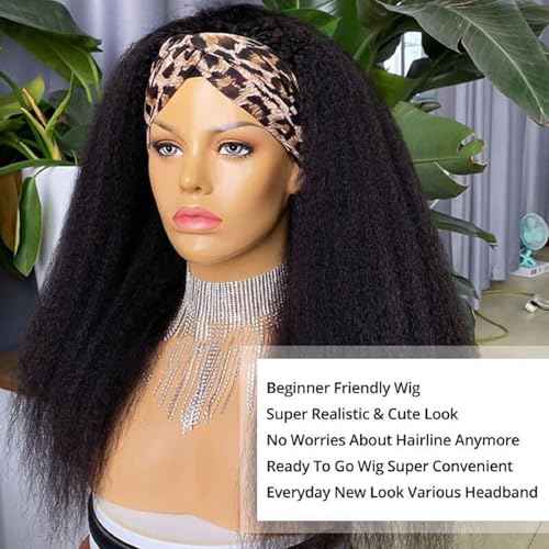 Kinky Straight Headband Wig Human Hair 22 Inch Wigs for Black Women Glueless None Lace Front Straight Human Hair Wig Wear and Go Wigs Machine Made 180% Density Natural Color