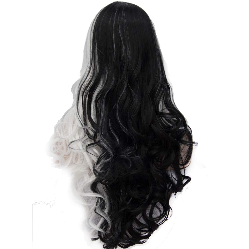 BERON 27 Inches Black White Wig Two Tone Wig Long Curly Wig Women Girls Charming Full Wig Long Wavy Wig Black White Split Wig for Cosplay Party Wig Cap Included