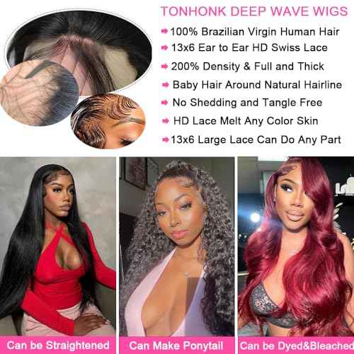 30 Inch Deep Wave Lace Front Wigs Human Hair 200 Density 13x6 HD Lace Frontal Wigs Human Hair Pre Plucked Deep Curly Glueless Wigs Human Hair Curly Wigs for Women Natural Color