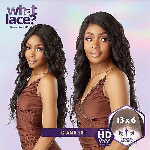Sensationnel What Lace 13X6 Wigs - Giana 28 Inch Human Hair Blend Lacefrontal Glueless Synthetic With Natural Density Preplucked Hairline (1B OFFBLACK)