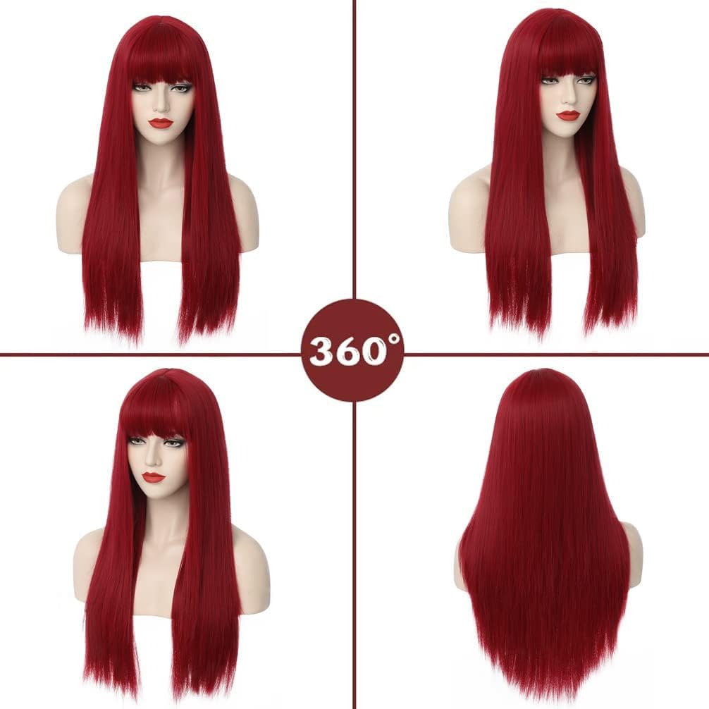 RightOn Red Wig Long Straight Wig with Bangs Long Wig Wine Red Straight Wigs Full Machine Wig for Daily Cosplay Party