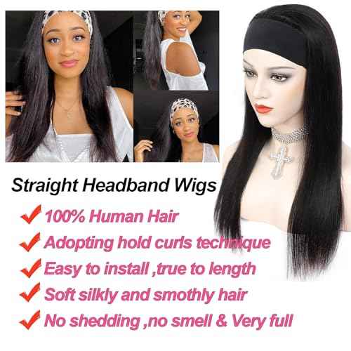 Headband Wig for Women Black Straight 26 Inch Wigs Human Hair Glueless Wear and Go 180% Density Ready to Go No Lace Glueless Wig with Headband Beginners Friendly Natural Black