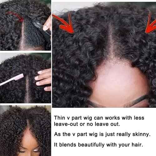 Pixie Cut Wigs Curly V Part Wig Human Hair No Leave Out Brazilian Human Hair Half Wig for Black Women Upgrade U Part Wigs Glueless 180% Density Natural Black 8 Inch